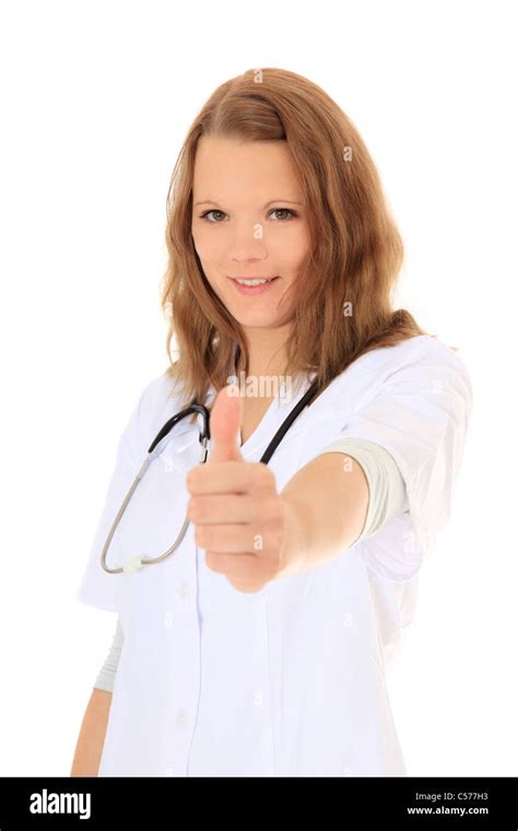 Attractive Doctor Showing Thumbs Up All On White Background Stock