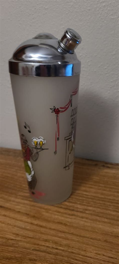 Vintage Mcm Gay Fad Gay Nineties Cocktail Shaker Hazel Atlas Can Can Dancer Barber Shop Quartet