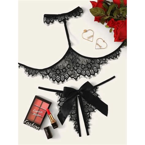 Sexy Double Lace Lingerie With Transparent Hot And Erotic Female Dumbbell With Open Bow In