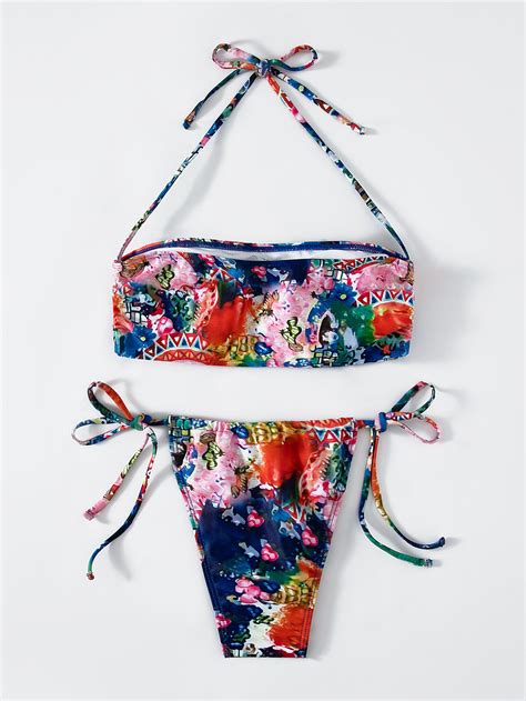 China Womens 2 Piece Halter Bandeau Bikini Set Printed Triangle Bathing Suit Tie String Thong