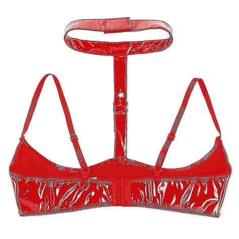Otwoo Womens Wet Look Patent Leather Bra Lingerie Halter Neck Open Chest Lingerie Bralette