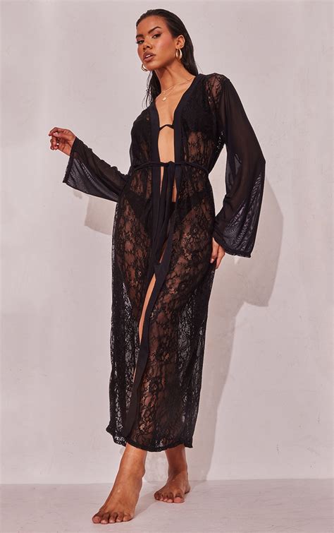 Black Lace Frill Sleeve Long Robe Lingerie Nightwear Plt