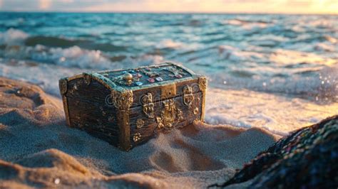 An Ancient Treasure Chest Rests on the Sandy Shore. Waves Gently Lap at ...