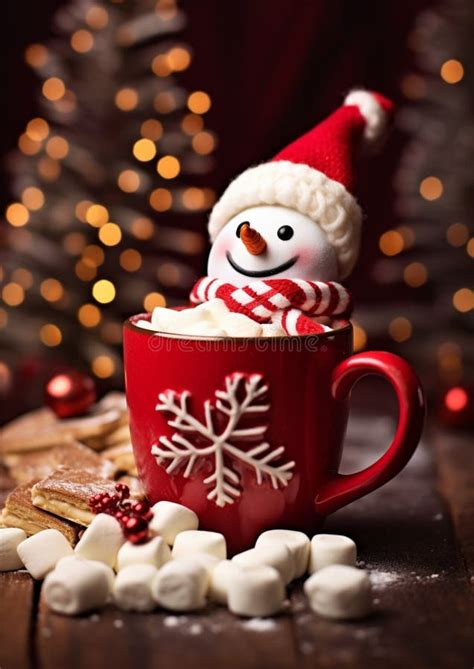 Marshmallow Snowman Is Sitting In A Christmas Hot Chocolate With A Cozy Blur Background Stock