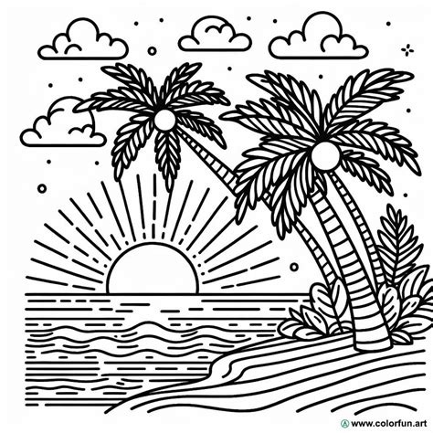 Dibujo Para Colorear De La Puesta De Sol Con Palmeras Descargar O