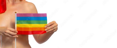Attractive Naked Woman Covered With Rainbow Flag Isolated On White Background Lgbt