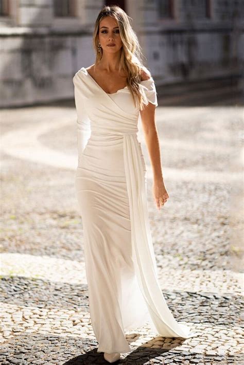 Fleepmart White One Sleeve Off Shoulder Long Evening Party Dress Ruched With Ribbon Floor Length