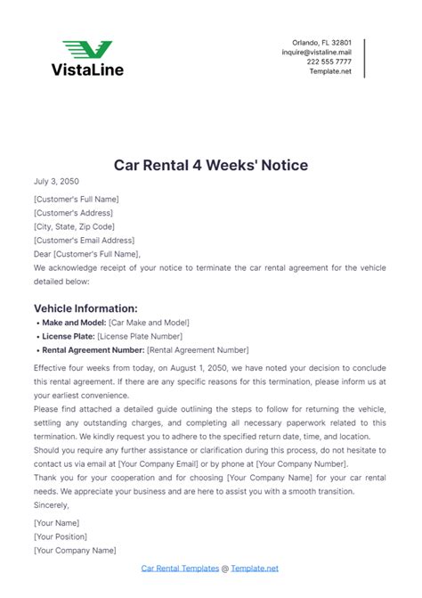 Free Car Rental 4 Weeks' Notice Template to Edit Online