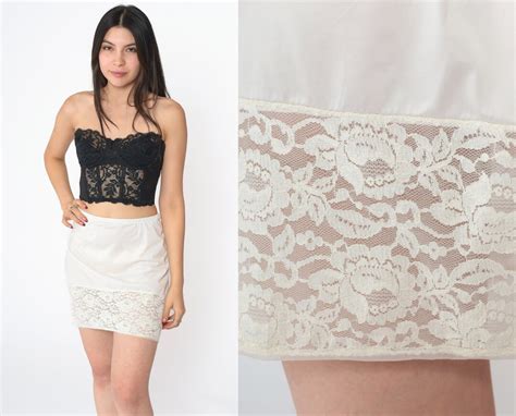 Half Slip Skirt Vintage Lingerie S Mini LACE Ivory Slip Pleated Detail Pastel S Pinup