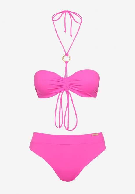 Fuksjowe Bikini Figi i Usztywniany Biustonosz z Regulowanymi Ramiączkami Ozdobiony Sznurkiem
