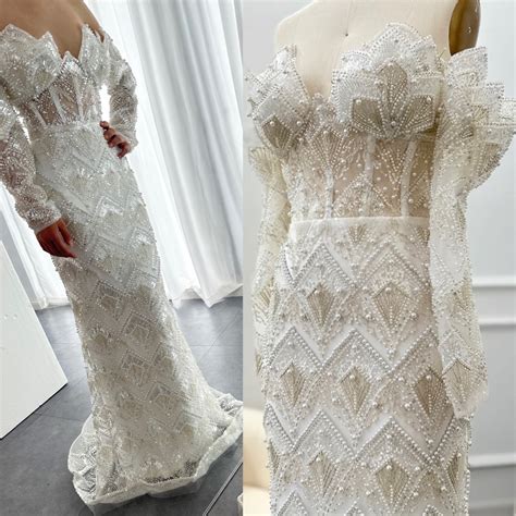 Off Shoulder Pearl Embellished Bridal Evening Gown - Evening Dresses