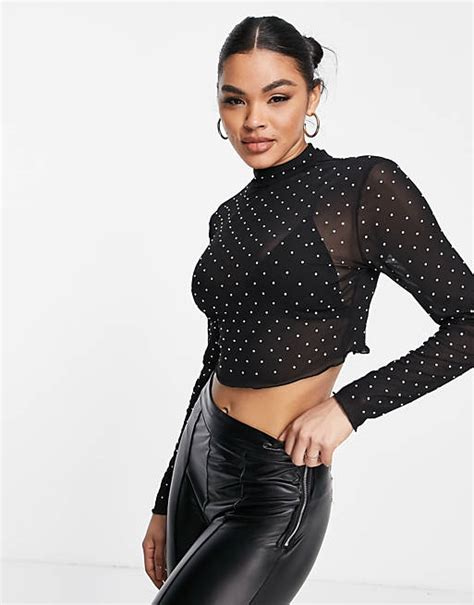 Asos Design Crystal High Neck Mesh Crop Top In Black Asos