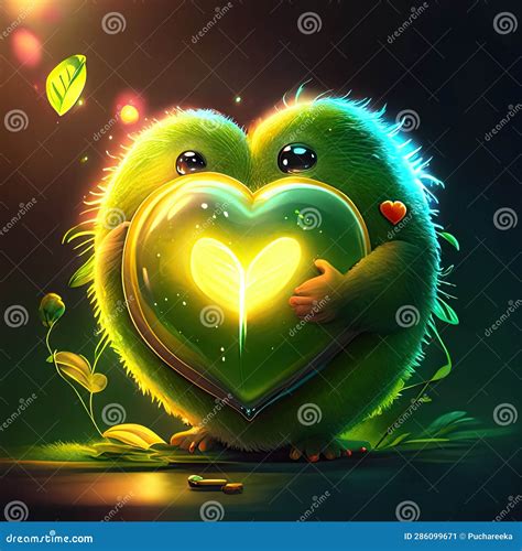 Киви обнимает милое зелёное чудовище с сердцем в руках. иллюстрация ...