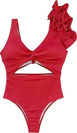 Amazon Fat Bikini Solid Color Sexy One Shoulder Ruffle Strap Hollow Back Swimsuit