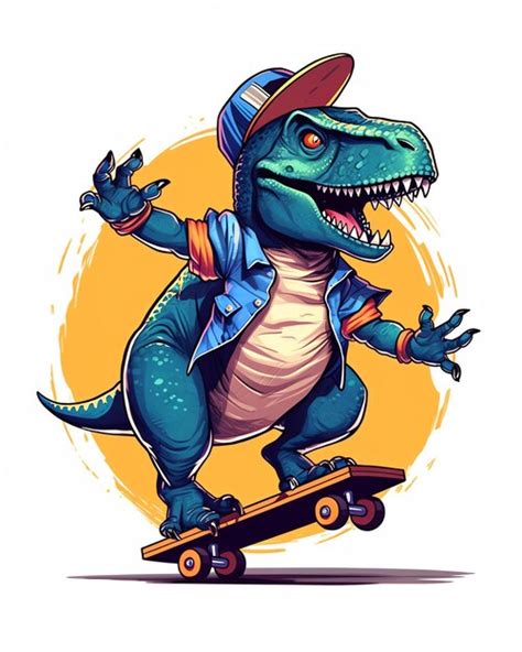 Un Dinosaurio De Dibujos Animados Montando Una Patineta Foto Premium