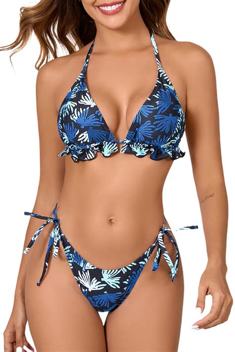 Joybik Women S Two Piece Triangle Bikini Sets Ruffle Halter Tie Side String Adjustable Sexy