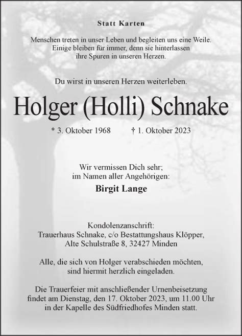 Traueranzeigen Von Holger Schnake Trauer Mt De