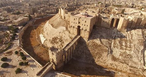 Aerial view of the acient Citadel, located in the old city of Aleppo