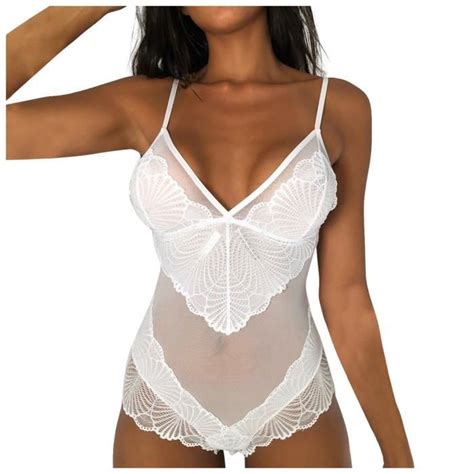 Mesdames Sexy Lingerie Transparent One Piece Sexy Temptation Lace Pyjamas Blanc Blanc