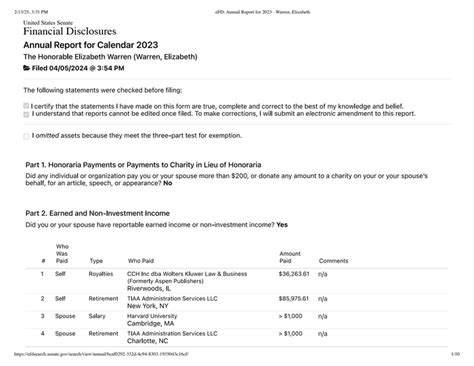 net worth of elizabeth warren financial disclosure statement