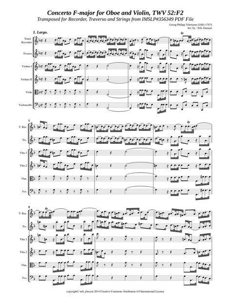 Telemann G P Concerto F Dur For Oboe And Violin Twv 52 F2 Sheet