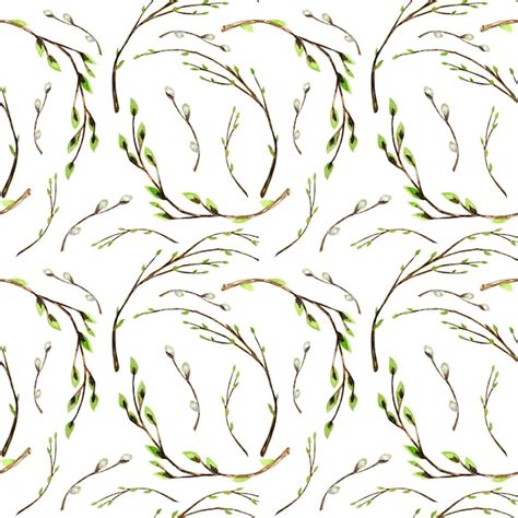Premium Photo Seamless Pattern Watercolor Tree Branch With Green Leaves Pussy Willow Spring