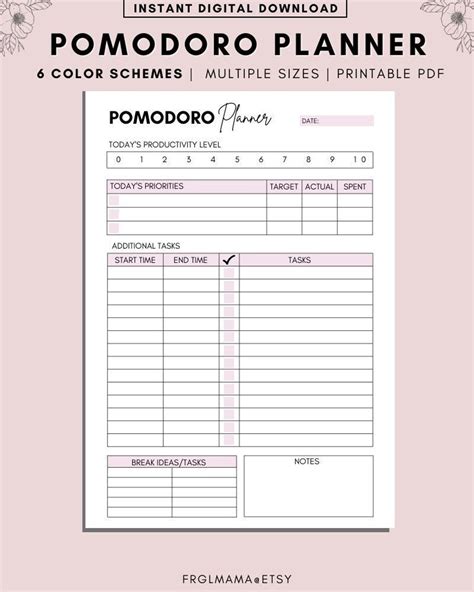 Printable Pomodoro Planner Pomodoro Timer Productivity Planner Pages