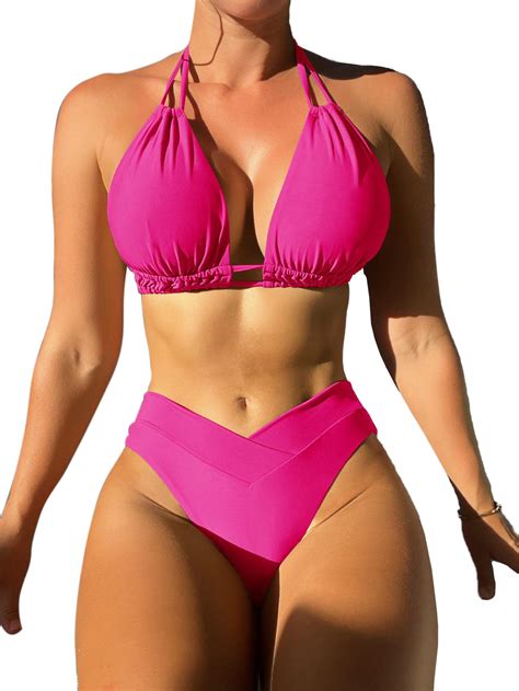 Meetall Cheeky Bikini Sets For Women High Cut Leg Rise Triangle String Halter Top Swimsuits High