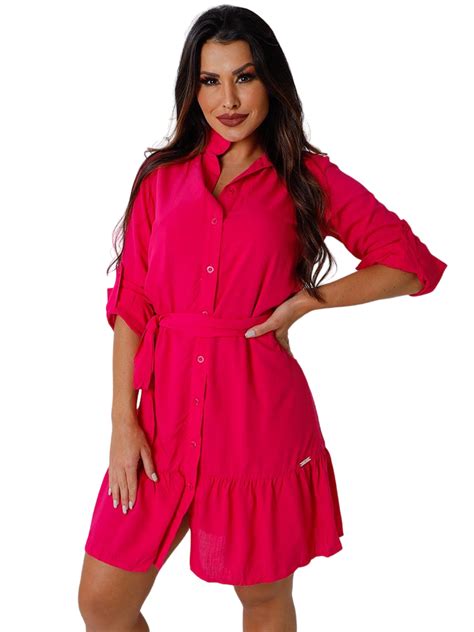 Chemise Feminina Forrada Barra E Cinto Rosa