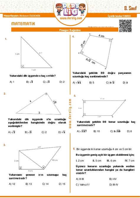 8 Sınıf Matematik Pisagor Bağıntısı Yaprak Test Derslig