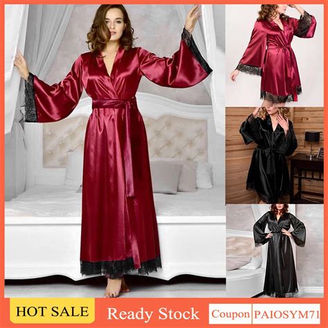 Women Pajamas Sexy Faux Ice Silk Lace Nightwear Lingerie Robe Pyjamas Bathrobe Shopee Malaysia