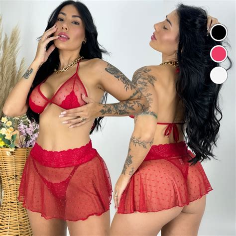 Conjunto Sexy Lingerie Feminino Sensual Fantasia Trio Saia Tule Sutiã Renda Calcinha Fio