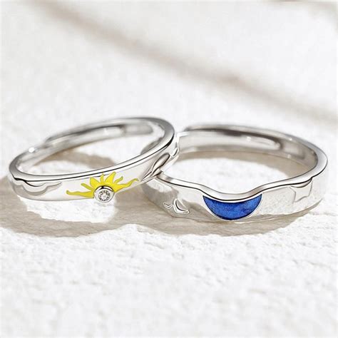 925 Sterling Silver Adjustable Sun Moon Rings Set Matching Rings For