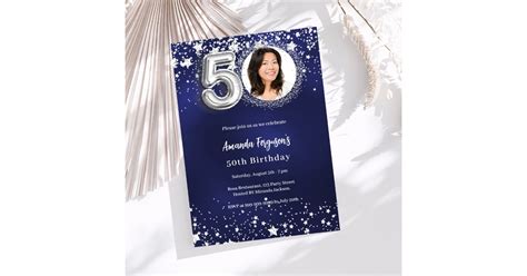 50th Birthday Navy Blue Silver Stars Photo Invitation Zazzle