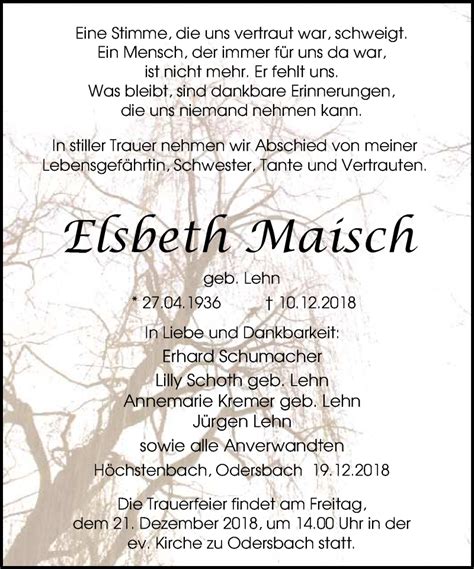 Traueranzeigen Von Elsbeth Maisch Vrm Trauer De