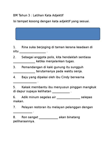 Latihan Kata Adjektif Tahun 4 Bm Tahun 3 Latihan Kata Adjektif 2 Riset