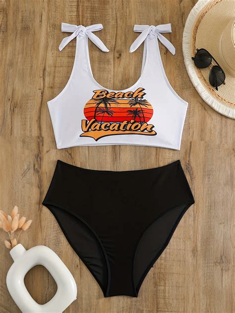 Sexy Sports High Waist Bikini Women Swimsuit Female Swimwear Coconut Palm Bikinis Set