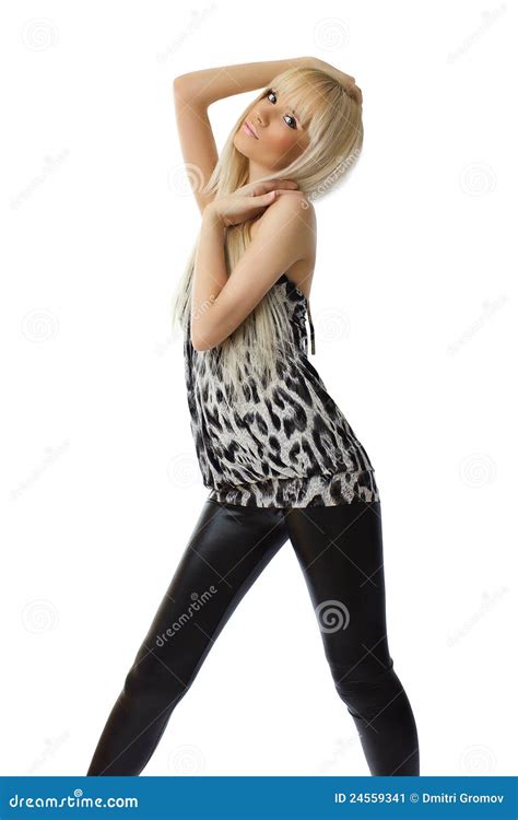 Belle Fille Blonde Sur Le Fond Blanc Image stock Image of léopard renivellement