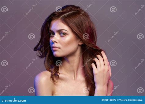 Pretty Woman Naked Shoulders Hairstyle Bright Makeup Stock Image Image Of Neon Effect