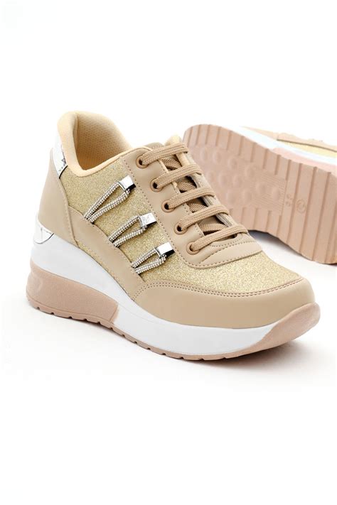 Rahat Kalıp Simli Yüksek Taban Bağcıklı Kadın Nude Spor Ayakkabı TBLDY Tonny Black