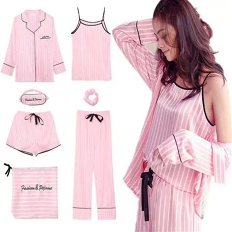 Pink Striped Pajamas Silk Satin Femme Pajama Set Pieces Stitch Lingerie Robe Pyjamas Women