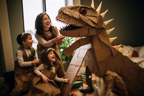 Premium AI Image | Roaring Fun Mom and Kids Get Crafty Building a