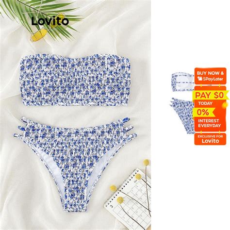 Lovito Casual Ditsy Floral Smocked Flowers No Steel Ring Bikini Sets For Women LNA Royal