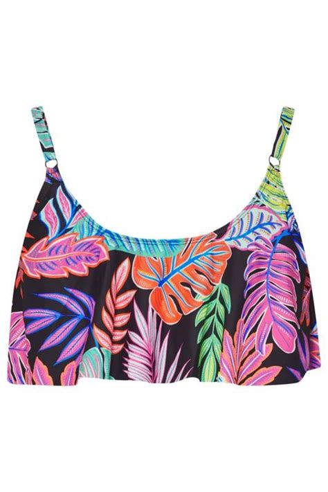 Yours Plus Size Black Leaf Print Frill Bikini Top Yours Clothing