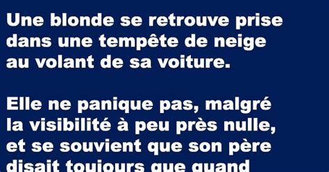 Une blonde se retrouve prise dans une tempête de neige au volant de sa voiture Blagues et