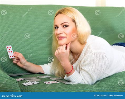 Blonde Woman Playing Cards Stock Photo Image Of Playing