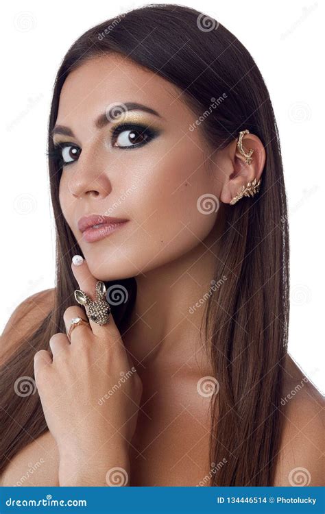 Beauty Portrait Of Nude Pretty Brunette Woman With Long Hair Evening Make Up Long Eyelashes