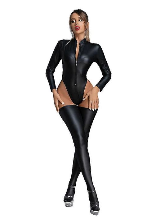Black Wetlook Pvc Latex Bodysuit Faux Leather Catsuit Stocking Sexy Lingerie Catsuit Lady High