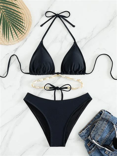 Sexy High Waist Bikini Set Decorated With Seashell Swimsuit Women Black White Criss Cross Push