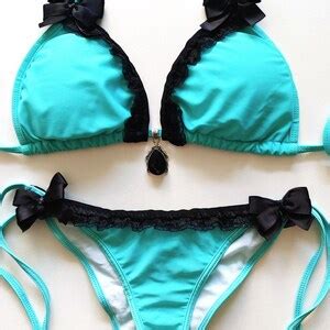 Pastel Goth Bikini Scrunch Brazilian Bikini Gothic Lolita Swimsuit Aqua Black Ruffles Satin